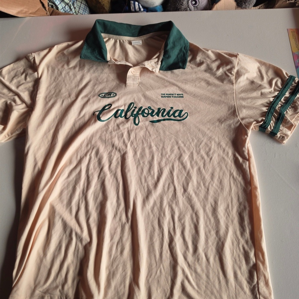 California Surfers Paradise Mens Polo Shirt XL Peach Green Short Sleeve Graphic